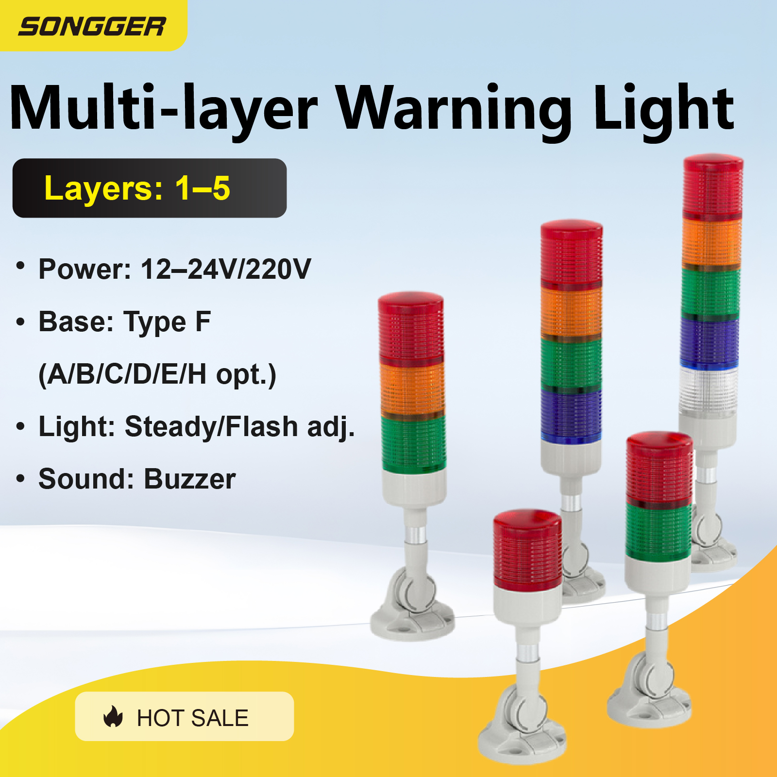 モジュラー LED スタック信号タワーライト 1-5 層定常またはフラッシュ警告ビーコンブザー付き 12V 24V 220V タイプ F ベース