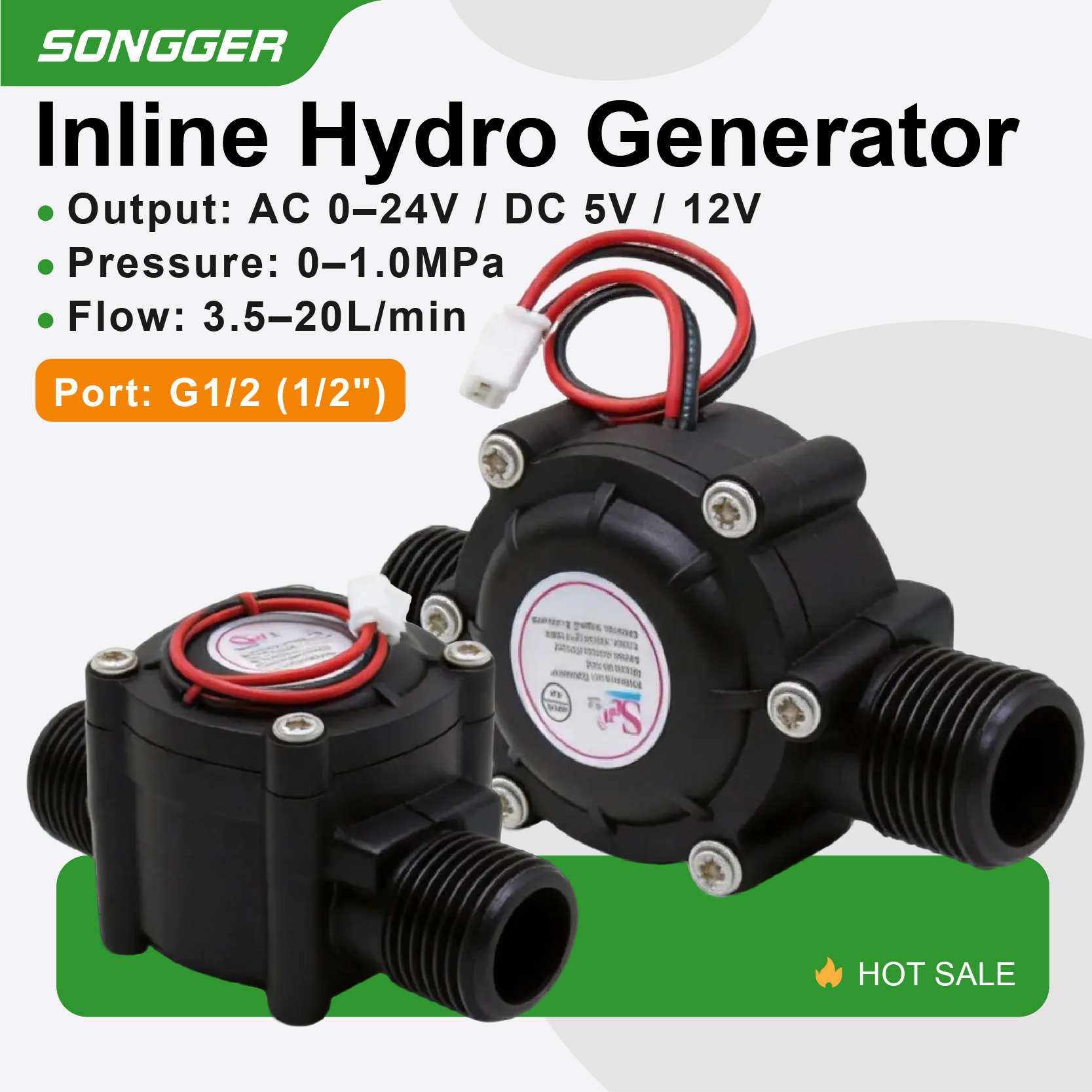 パイプライン水力発電機 AC0-24V DC5V/12V G1/2 インターフェース 3.5-20L/min 流量監視用の安定した出力 スマート水道メーター