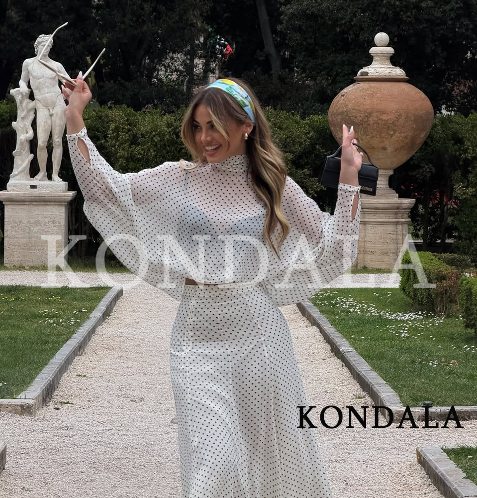 KONDALA 女性レジャー水玉模様シフォンスカートセットエレガントなホリデーパーティーレディースセット半透明リボンシャツ、ミディスカート 2026 夏