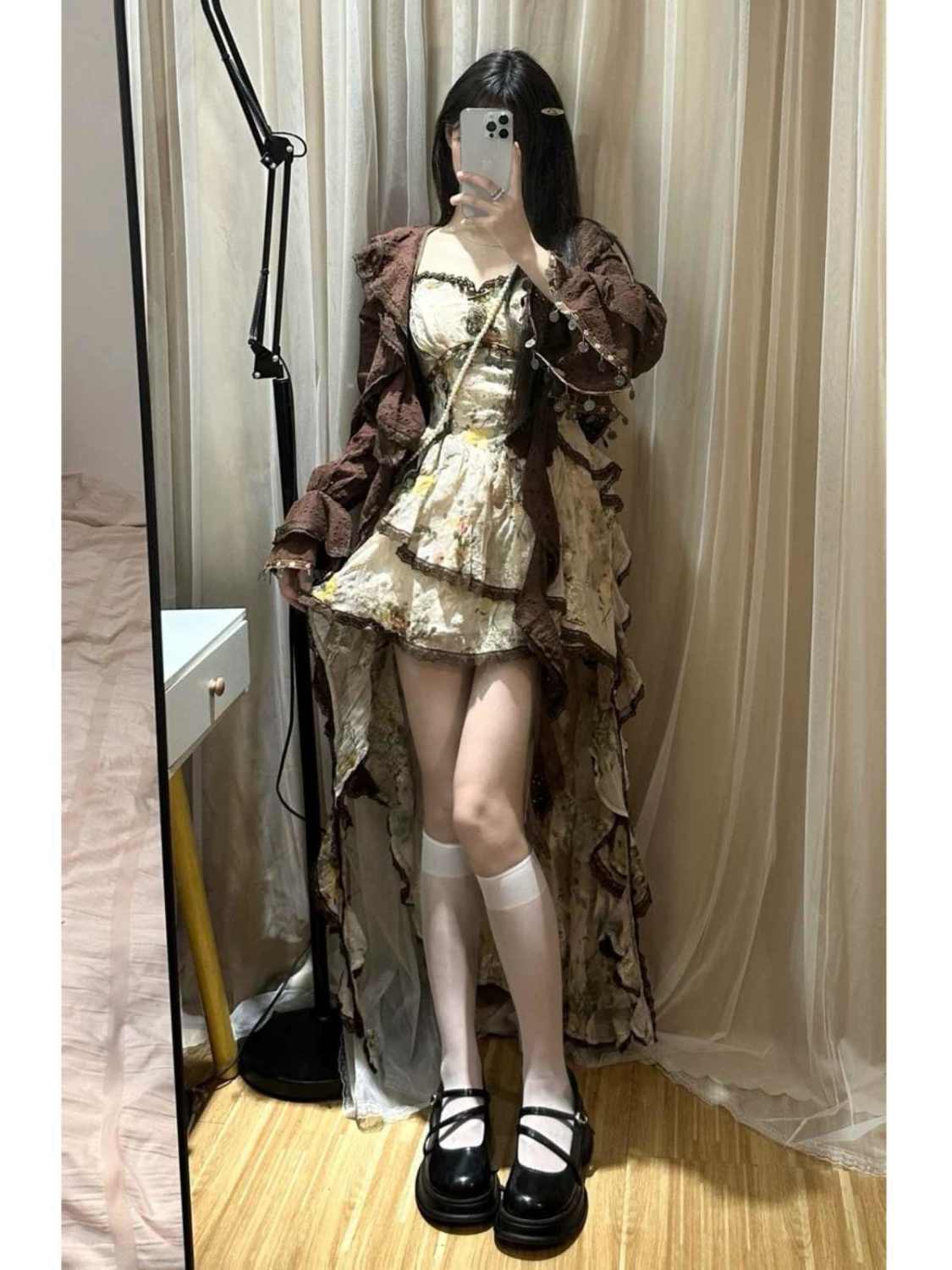 ゴシックヴィンテージ新しいカーディガンコート女性の秋のファッション甘い不規則なキャミソールドレス 2 点セット