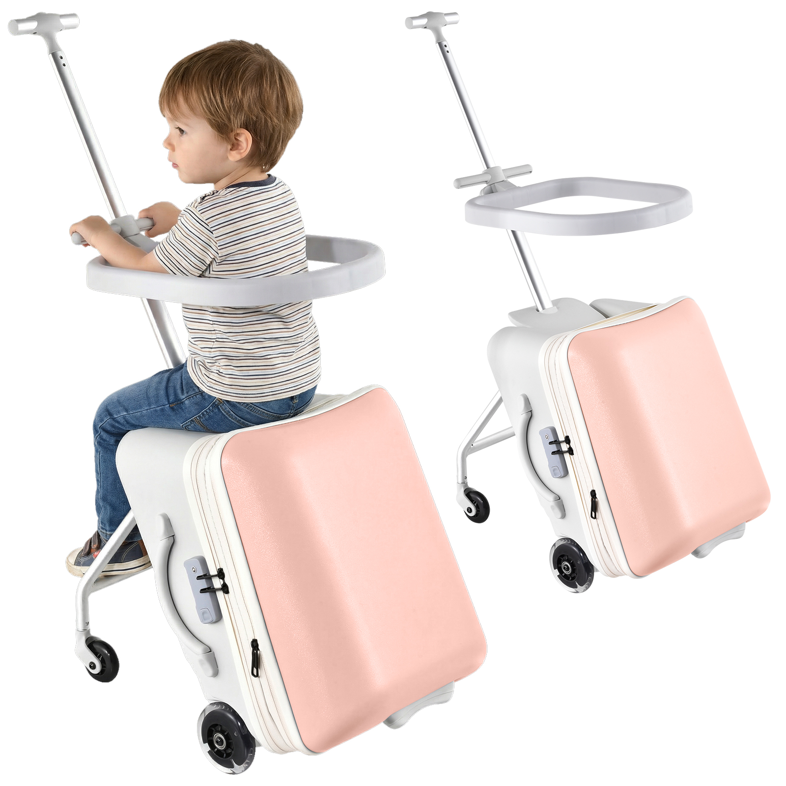 子供用ライドオンスーツケース 20 インチ、スピナーホイールと取り外し可能なシート付き 2-in-1 機内持ち込み手荷物、安全ガードレールと頑丈なハンドル付き幼児旅行乗用スーツケース、飛行機の旅行に最適