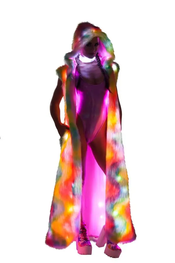 LED 発光フード付きファージャケットロングコートノースリーブ女性カーニバル Nightlcub DJ ステージショー Cosutme 冬暖かい絶賛衣装グロー