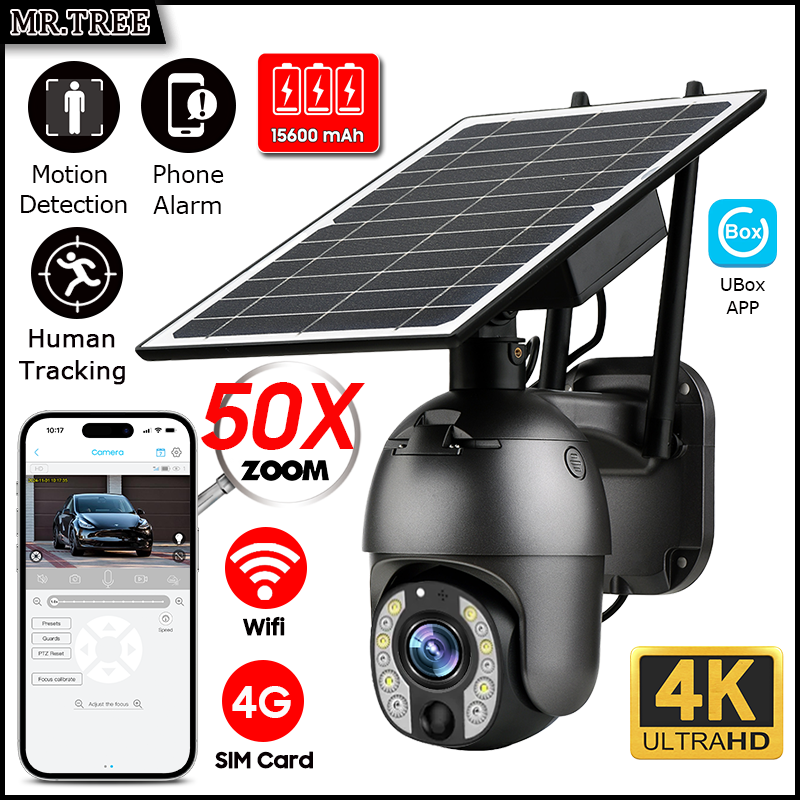 4K ホームソーラーカメラ 4G SIM/WIFI 屋外 50X ズーム カラー ナイトビジョン 監視 セキュリティ PTZ モーション検出/追跡カム UBox