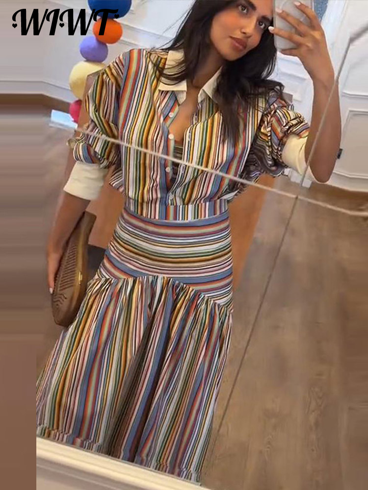 Colorful Striped Shirt 2-pieces Outfit 2026 New Famale Lapel Single-breasted Full Sleeve Blouses Pleated Long Skirts Women's Set