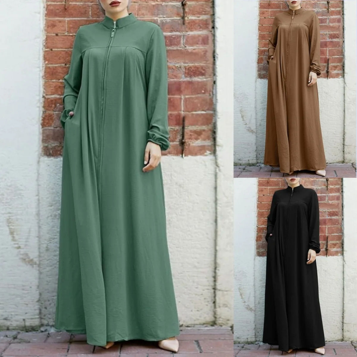 Jalabiya ドレス女性長袖イスラム教徒イードカジュアル無地アバヤカフタンカフタンドレスラマダン Abayas Vestido ジッパーローブ