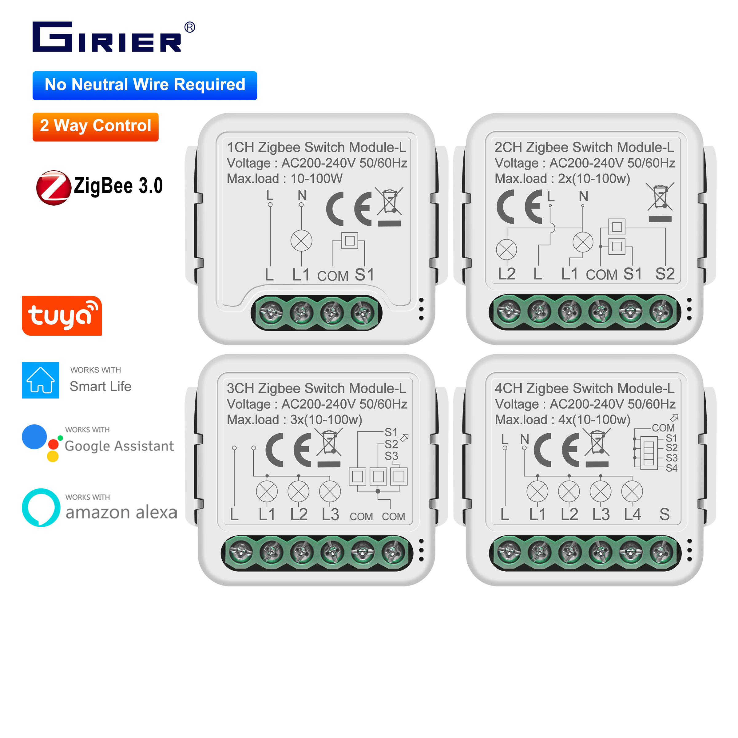 GIRIER Tuya ZigBee 3.0 スマート スイッチ モジュール 中性線不要 スマート ホーム DIY ライト ブレーカー Alexa Google ホームで動作