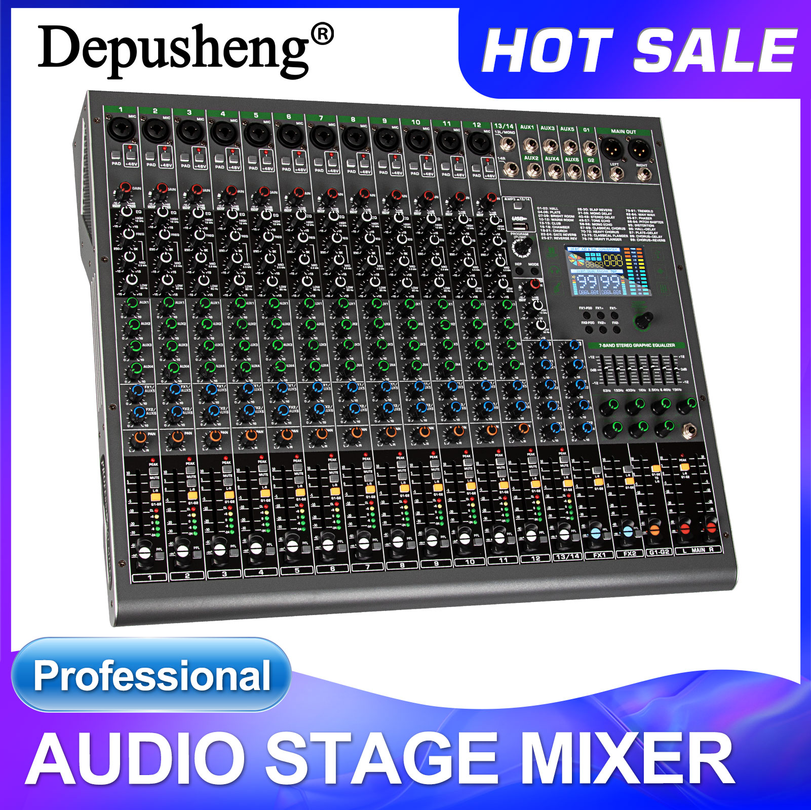 14 チャンネルデジタルプロフェッショナルオーディオコンソールミキサー Depusheng TG14 ミキシング DJ コンソール USB 48V ファンタム電源内蔵 99 Rev