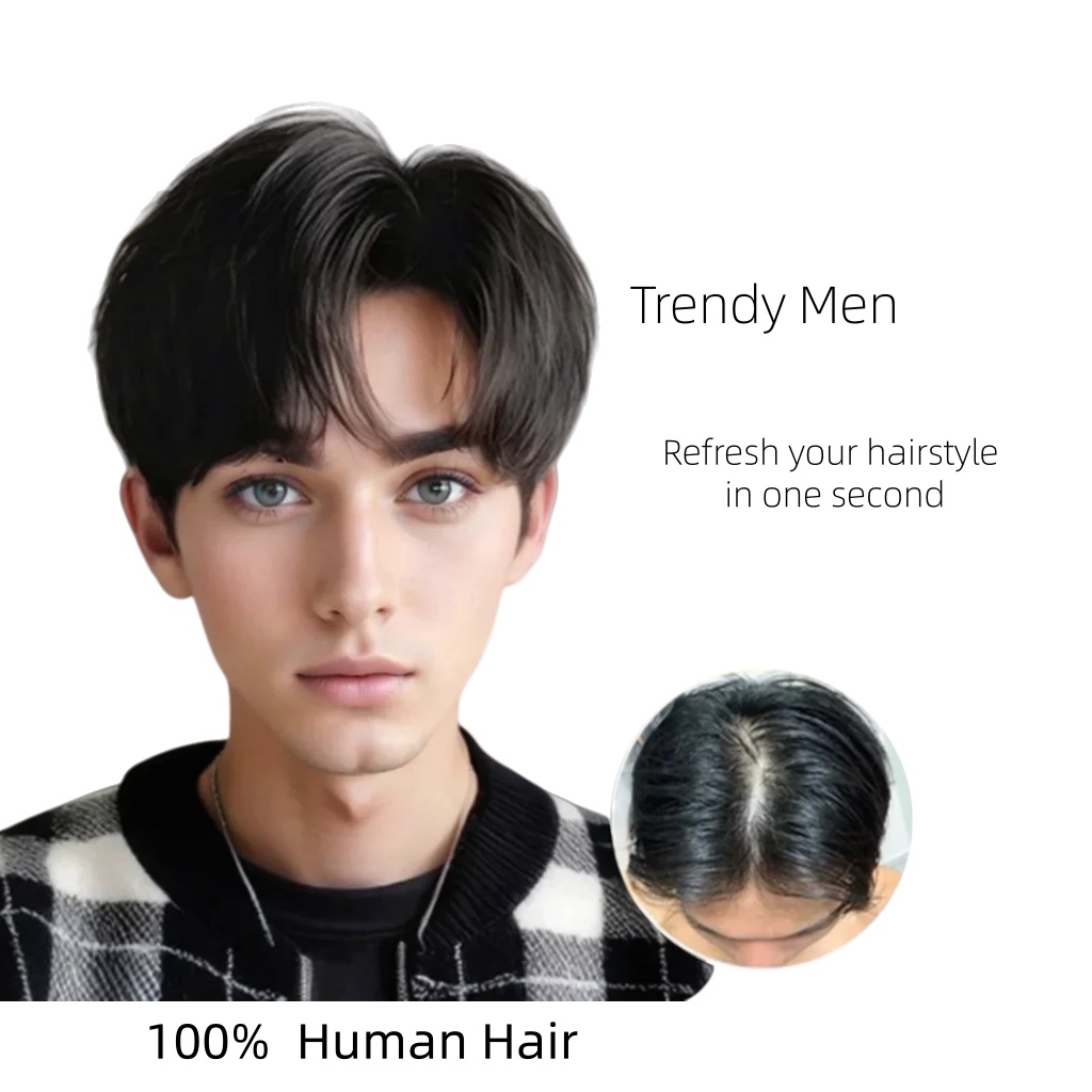 男性の自然な見た目のヘアピースショート 3/7 部分人毛トッパー男性のかつら毛交換システムハゲ用