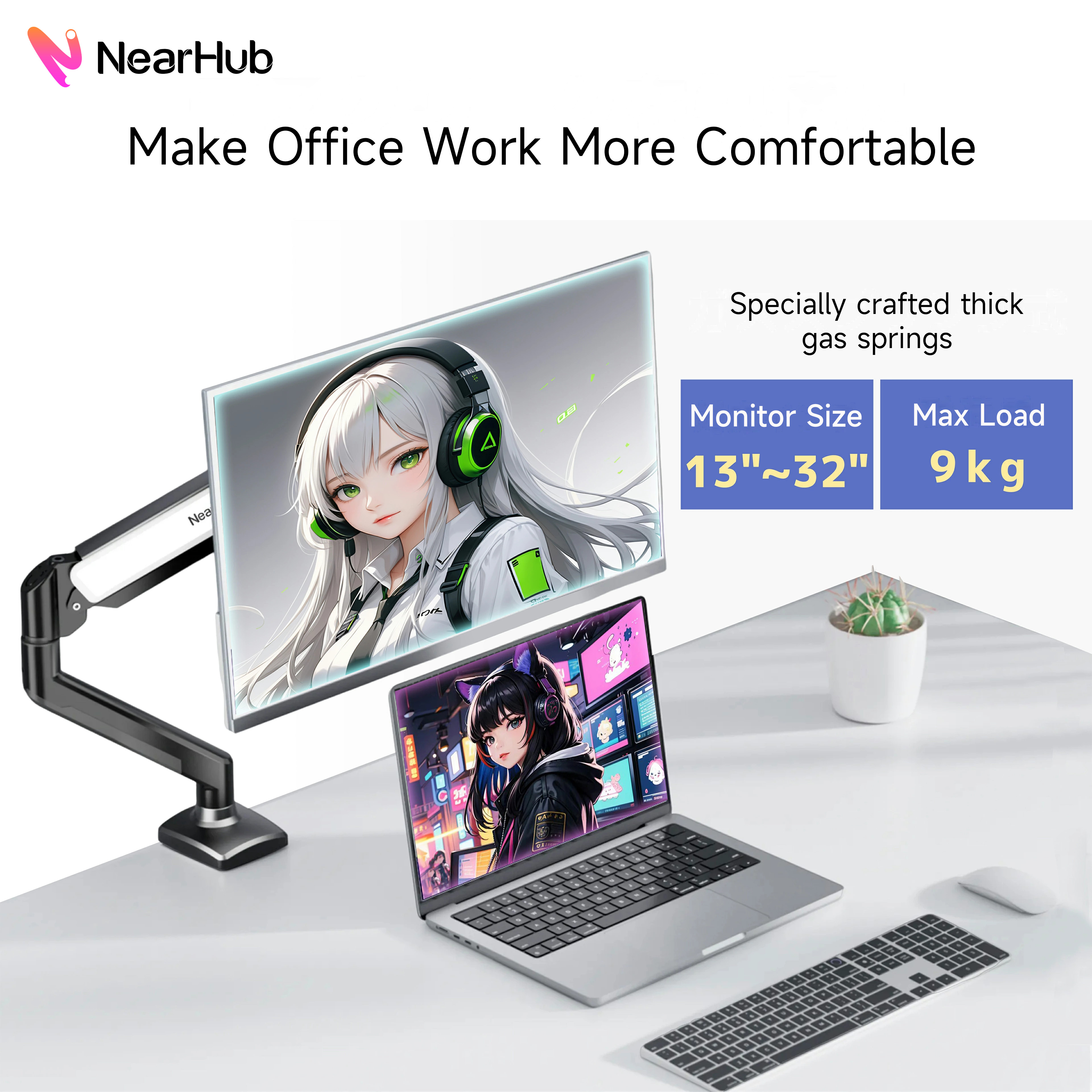 Nearhub MS-001 モニターアーム マウント ブラケット シングルアーム、柔軟な調整 180°スイベル 360°回転サポート モニターアーム スタンド