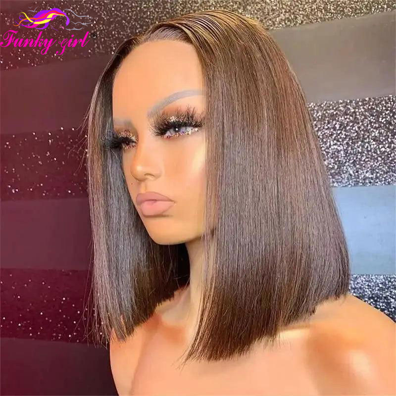 ブラウンショートボブウィッグ 13 × 4 レースフロントウィッグ人毛ブラジリアンレミーヘアストレートカラーブラウンボブ透明レースフロントウィッグ