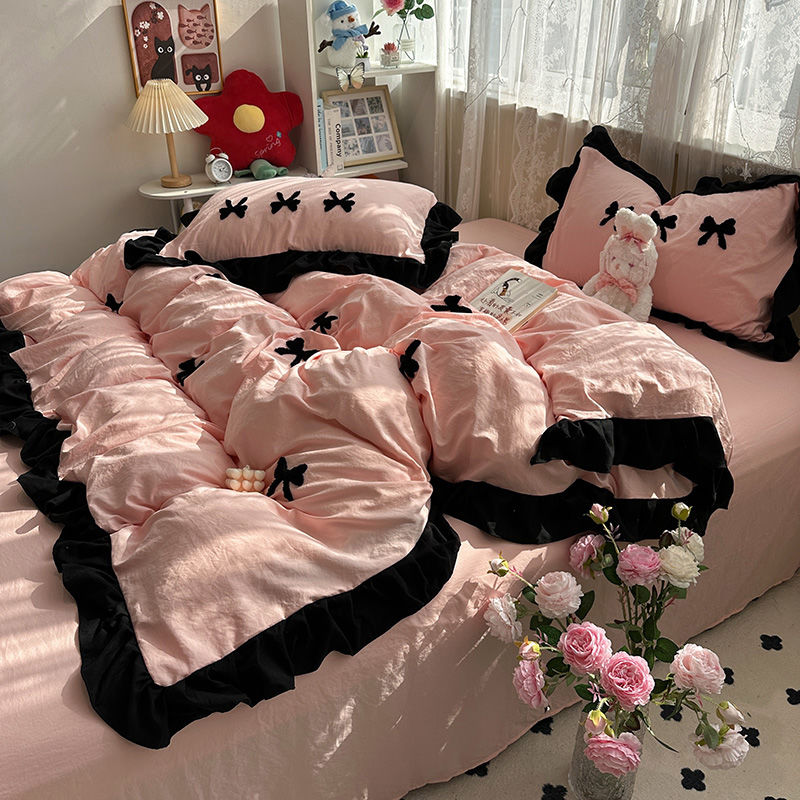 インピンクの弓寝具セットフリル布団カバーセットフラットシートセット女性ガールズプリンセスベッドリネンセットシングルツインクイーン寝具