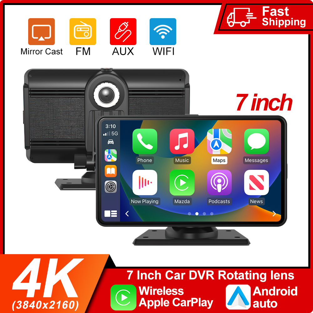 7インチ 4K ダッシュカム ワイヤレス Carplay Android Auto GPS 5G WIFI FM BT 車 Dvr デュアルレンズ ダッシュカム トラックカメラ ドライブ ビデオ レコーダー