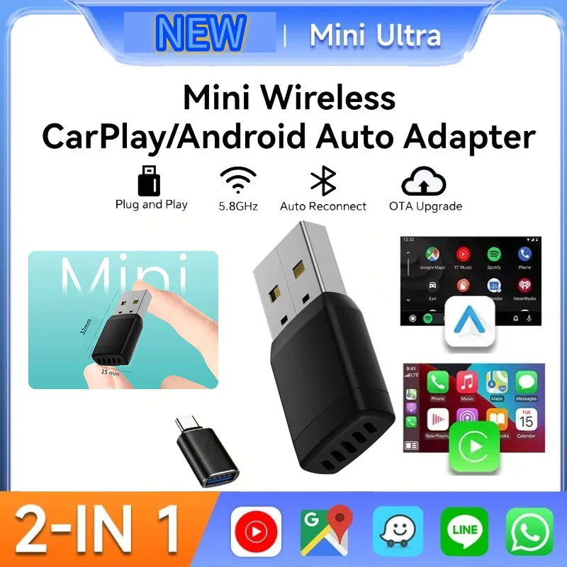 2 で 1 ワイヤレス Carplay アダプタ Android 自動スマートドングル 2025 5 グラム WIFI iphone アンドロイド携帯ボルボベンツ Mg 起亜奇瑞 VW