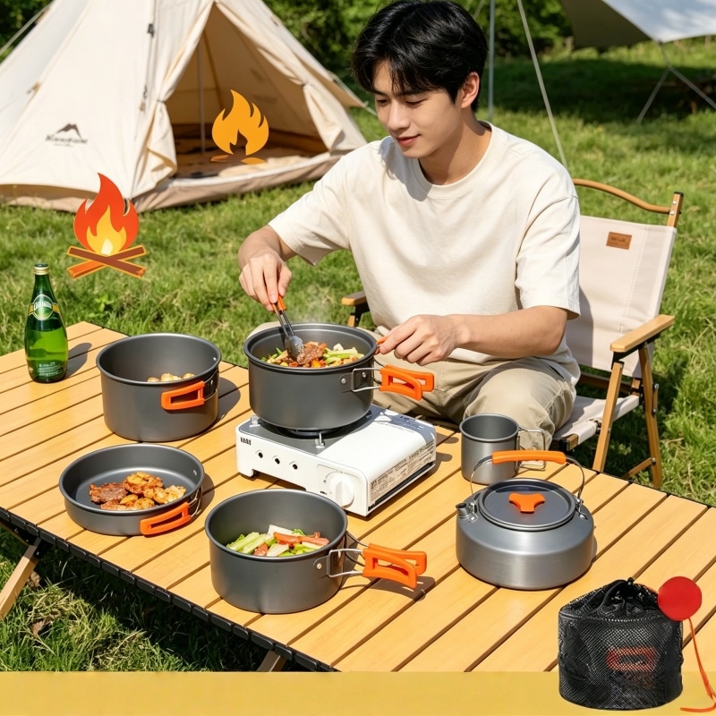 10 個キャンプ調理器具セット屋外調理超軽量アルミポットケトルポータブル旅行食器収納袋付き
