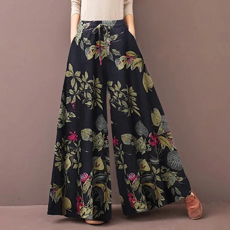 花柄ワイドレッグ女性パンツ春巾着ボヘミアズボンレディースカジュアルルーズ弾性ウエスト Pantalonsw プラスサイズ