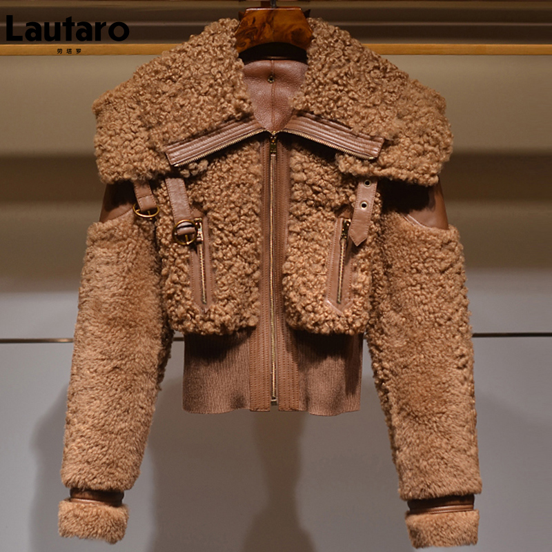 Lautaro 冬暖かい厚いパッチワークフェイクファーコート女性長袖ジッパーターンダウン襟スタイリッシュなふわふわジャケットファッション 2021