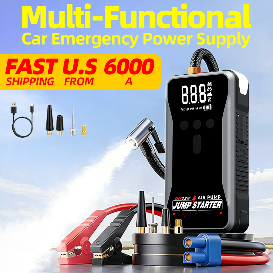 ポータブル大容量 12V 8000A スマート緊急車ジャンプスターター、エアコンプレッサー、多機能緊急懐中電灯、パワーバンク、エアポンプ付き。すべてのガソリン車およびあらゆるタイプの車両に適しています。