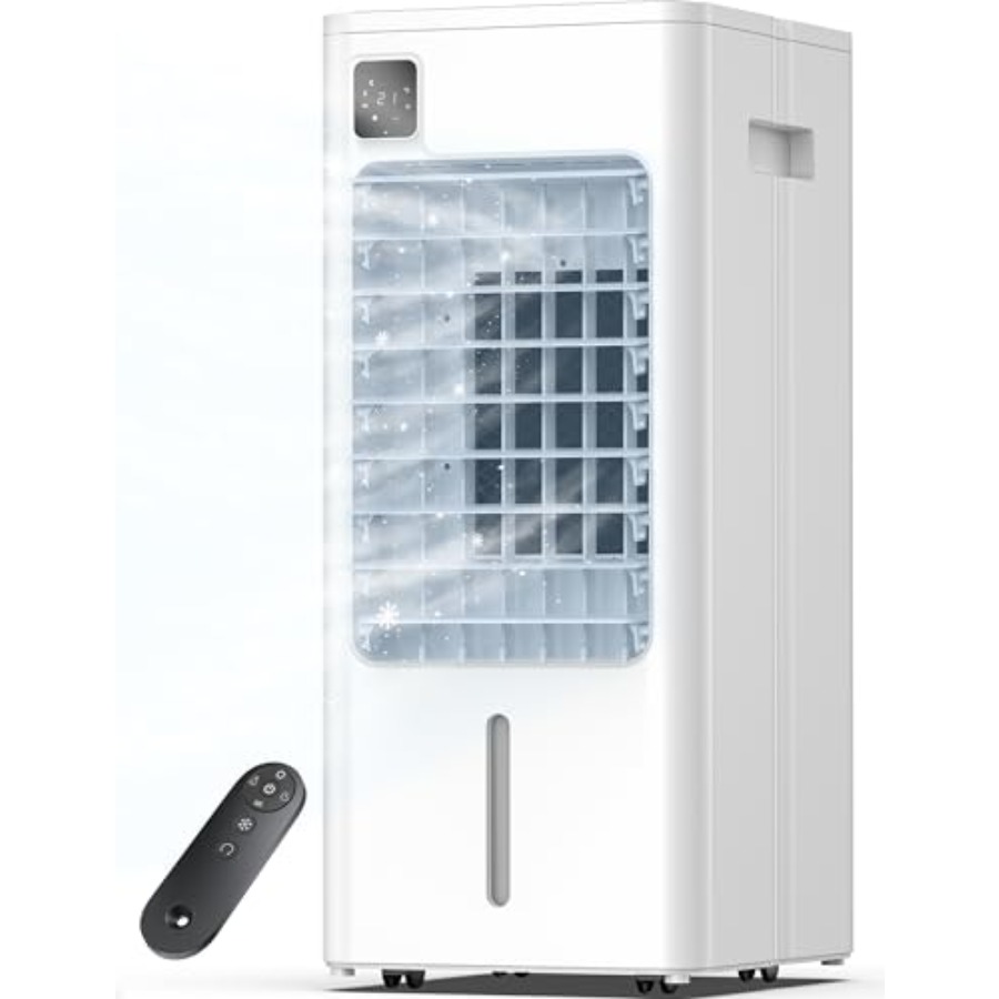 寝室とリビングルーム用のポータブル蒸発空気クーラー、3段階のスピードを備えた白いプラスチックユニット、デジタルディスプレイ、12時間タイマー、