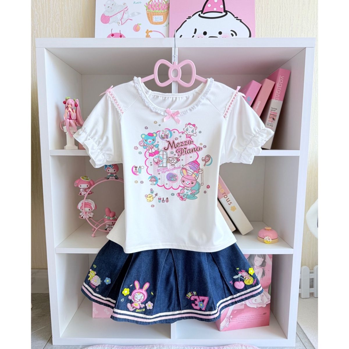 和菓子スカートセット夏の新漫画 Mp プリント半袖 Tシャツ刺繍デニムミニスカート 2 個セット Y2k スーツ
