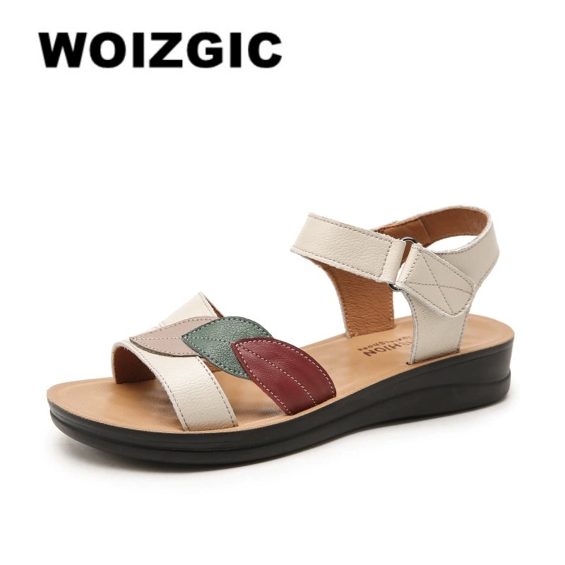 WOIZGIC 女性の母レディース女性本革サンダル靴プラットフォーム夏クールビーチソフト防水葉ノンスリップ