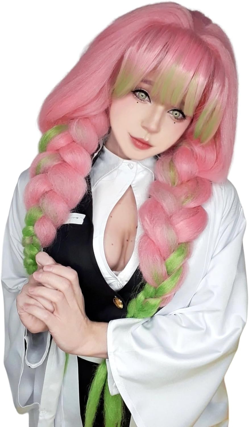 アニメみつり甘露寺コスプレ合成かつら 80 センチメートルロングピンクグリーン三つ編み耐熱女性の髪高品質ふわふわ焼きかつら