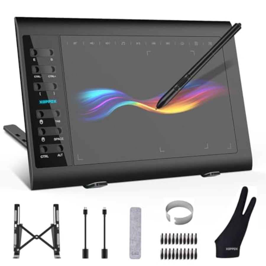 グラフィック描画タブレット、10×6 インチの広いアクティブエリア、バッテリー不要のスタイラス、8192 レベルの筆圧、12 個のホットキー、Com