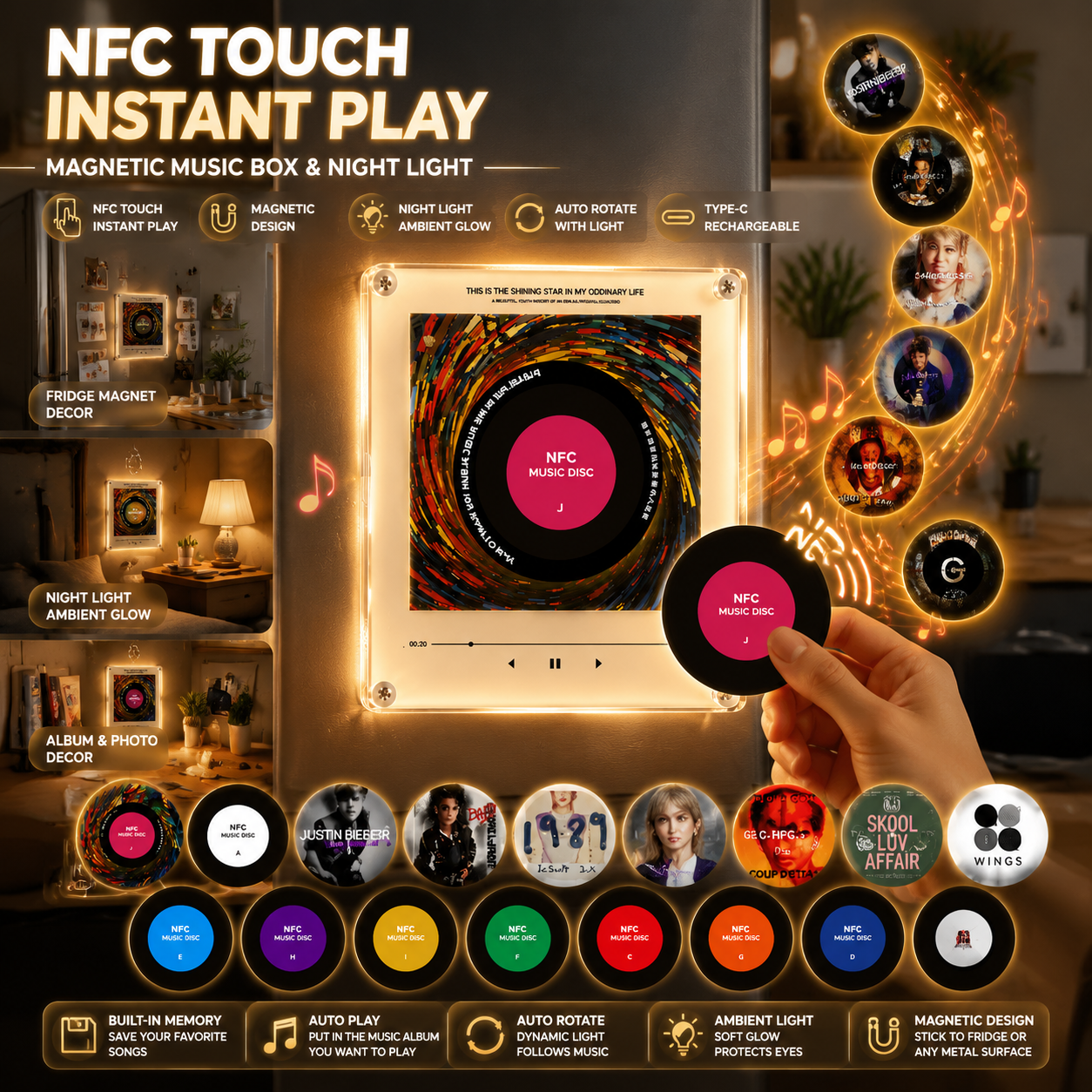 NFC タッチインスタントプレイビニールレコードオルゴールアンビエントナイトライト Type-C 充電式ダイナミックグローライト冷蔵庫ステッカー