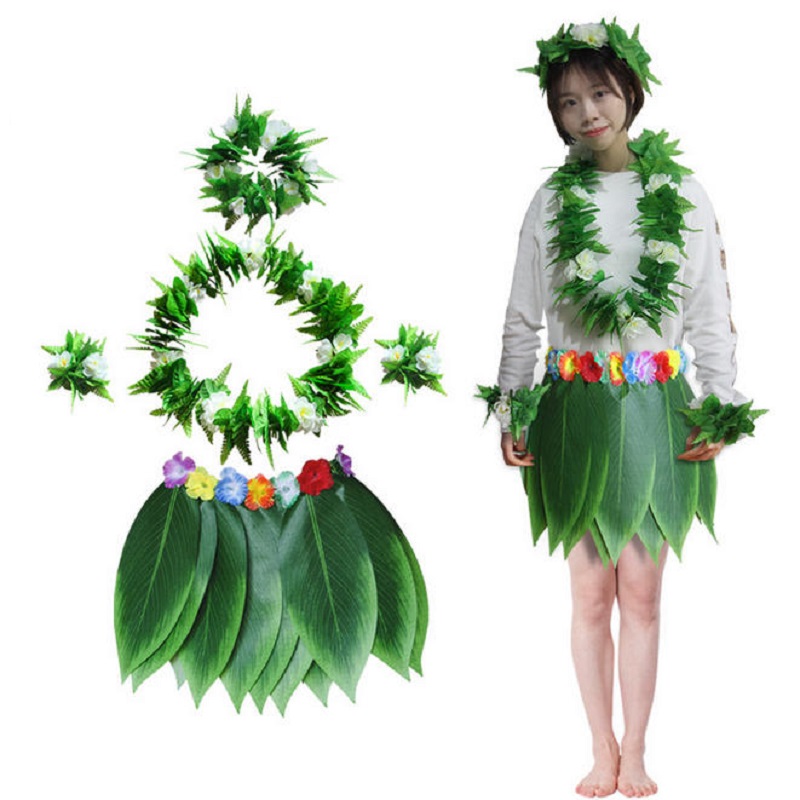 5 個のハワイアン衣装セット女性用フラ草スカートと葉の花のネックレスステージパフォーマンスフラダンス衣装