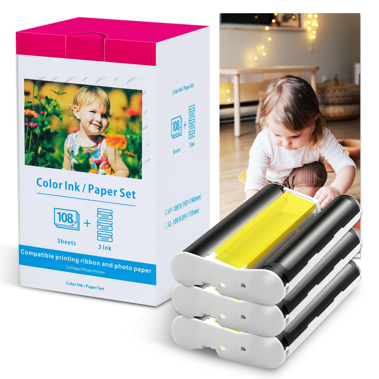 写真用紙セット互換 Canon Selphy CP1300 CP1500 CP1200 プリンタ KP-108IN 10x15cm 6' x4' 108 枚 3 色インクカセット