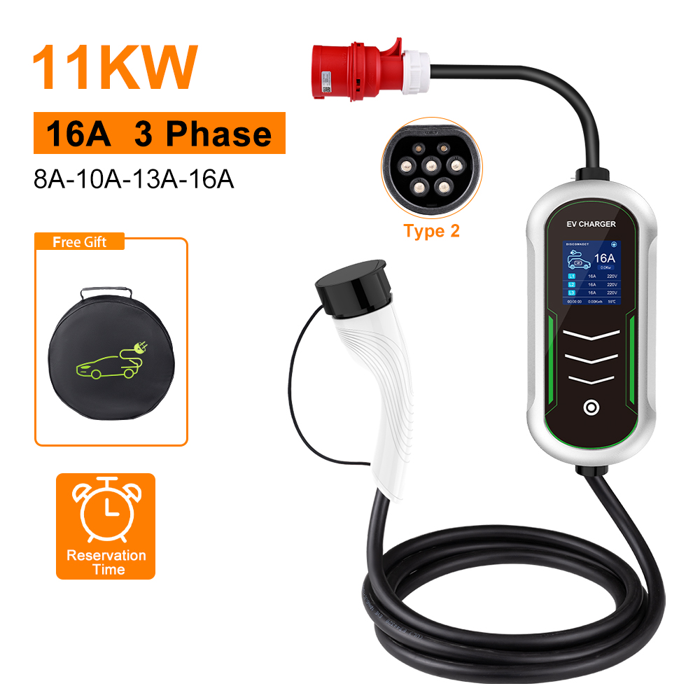 11KW 16A EV ポータブル充電器 Type2 EVSE 充電ボックス予約時間電気自動車の充電器 CEE プラグ IEC62196-2 電気自動車