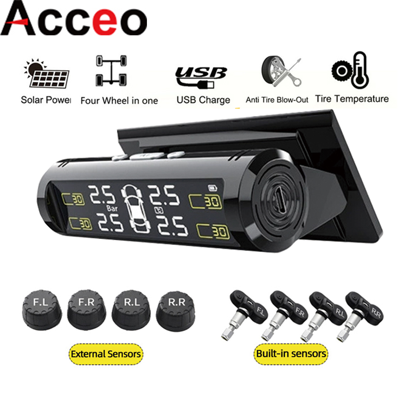 USB/ソーラー TPMS ワイヤレスタイヤ空気圧監視 4 センサー車のタイヤ温度タイヤ空気圧モニター安全警報