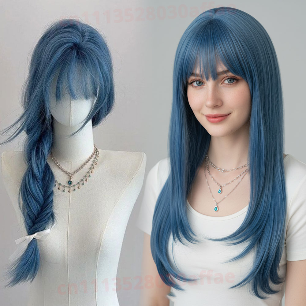 Natural Cosplay Blue Wig Heat Resistant Synthetic Wigs Long Straight lolita Synthetic Hair with Bangs For Women party Daily Use