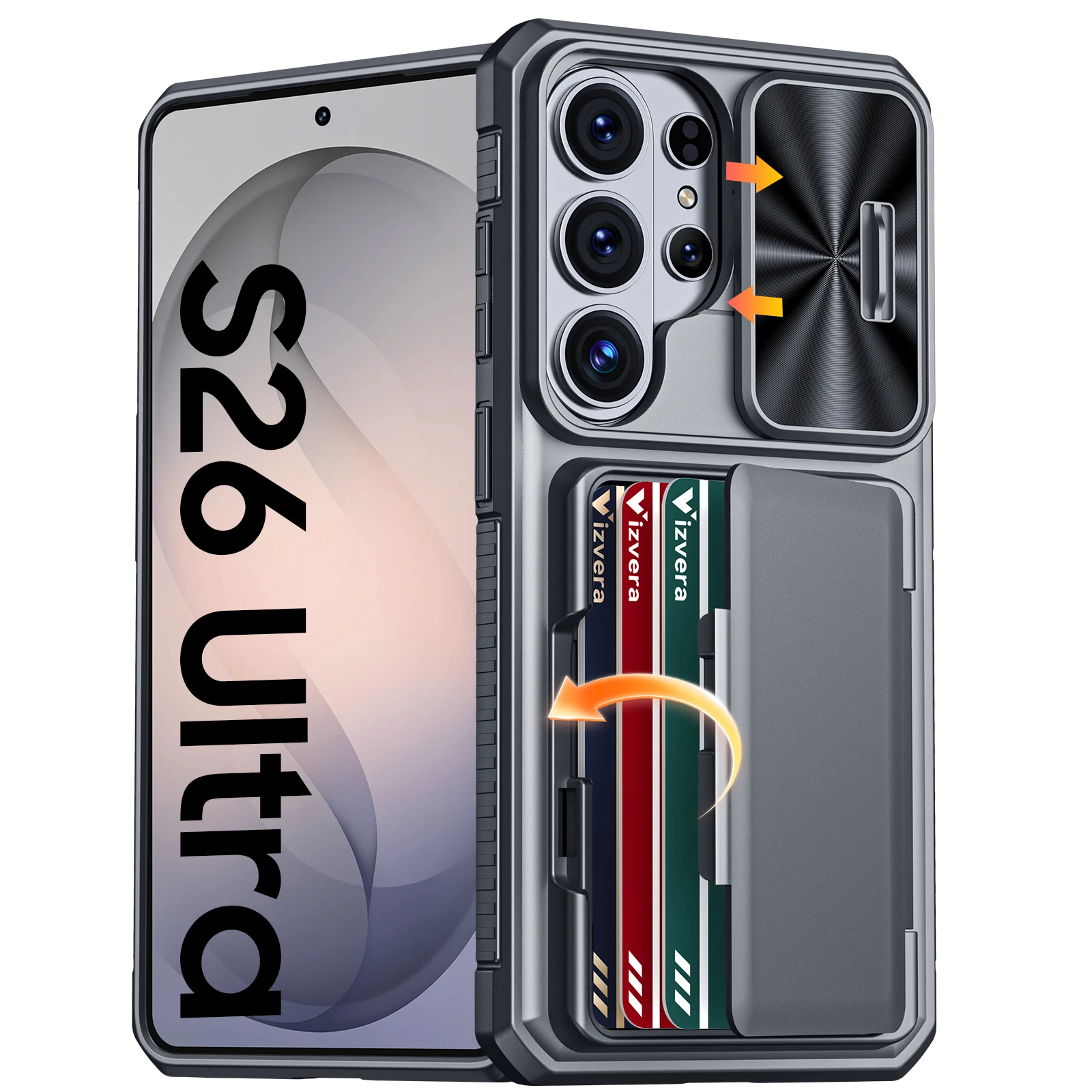 Galaxy S26 Ultra ケース ウォレット - フルボディ保護 カードホルダー (4枚のカード) カメラカバー付き