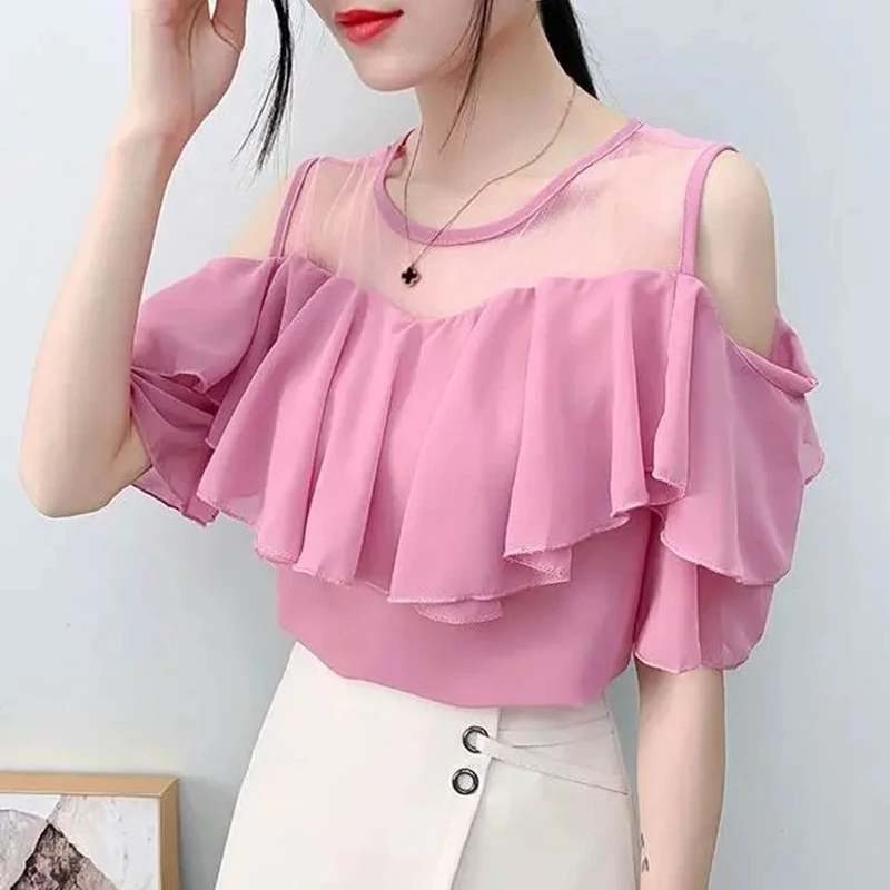 オフショルダーセクシーなシフォンブラウス女性 2025 夏の韓国のファッション服フリルスリム甘いレディースカジュアルレーストップスシャツ Y2k