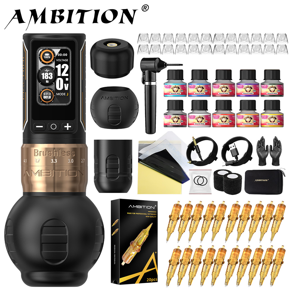 Ambition Ninja Max 280 ワイヤレスタトゥーマシンペンフルキット調整可能なストロークブラシレスモーター 20 個混合針 10 インクセット