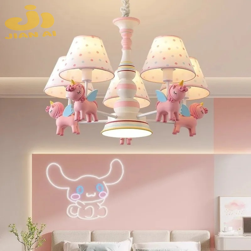 子供部屋ピンクシャンデリア LED プリンセスルーム女の子寝室リビングルームライトメリーゴーランドユニコーンロマンチックなペンダントランプ