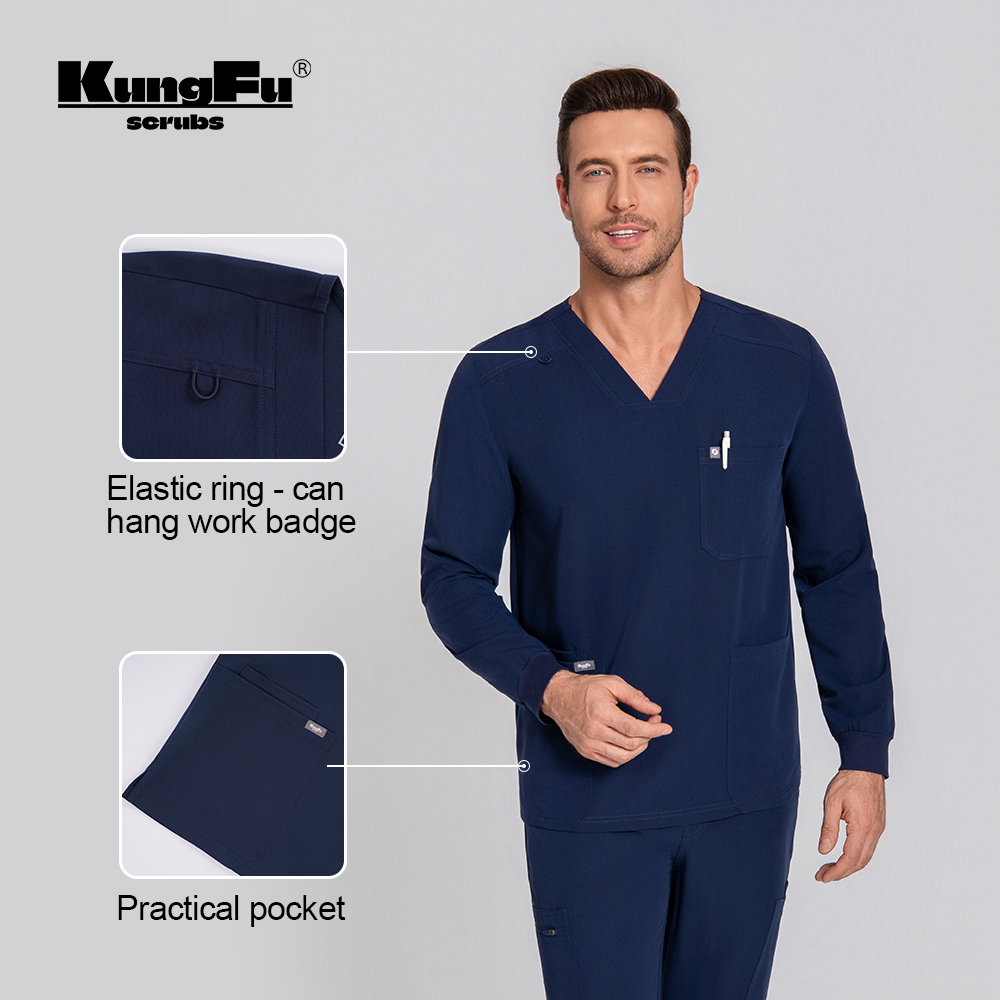 KUNGFU SCRUBS Waterproof Antibacterial Mens Medical Long-Sleeved T-Shirt for Healthcare Professionals