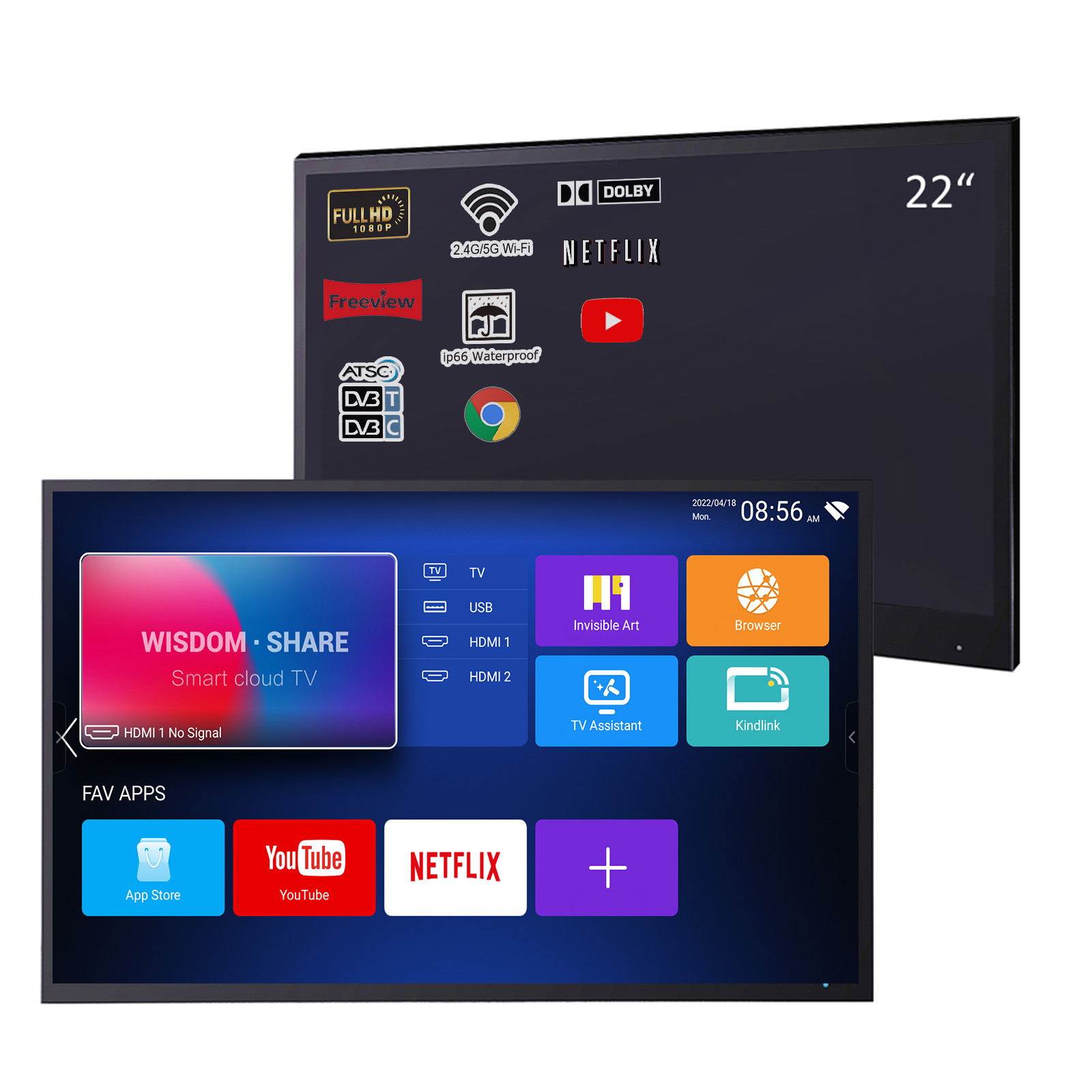Souria 22.1 インチスマートブラックカラー防水浴室 LED テレビ高級ホテルスパキッチンテレビ Bluetooth Android 新しい