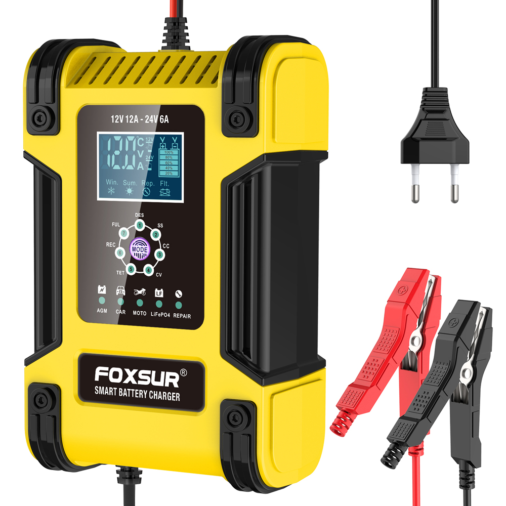 Foxsur 全自動車のバッテリー充電器 12V 12A デジタルディスプレイバッテリー充電器電源パルス修理充電器ウェットドライ鉛酸