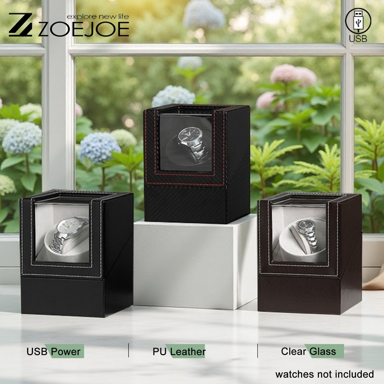 ZOEJOE 自動シングルウォッチワインダー USB ケーブル複数接続ウォッチワインダーボックス静かなモーター PU レザーウォッチワインダー