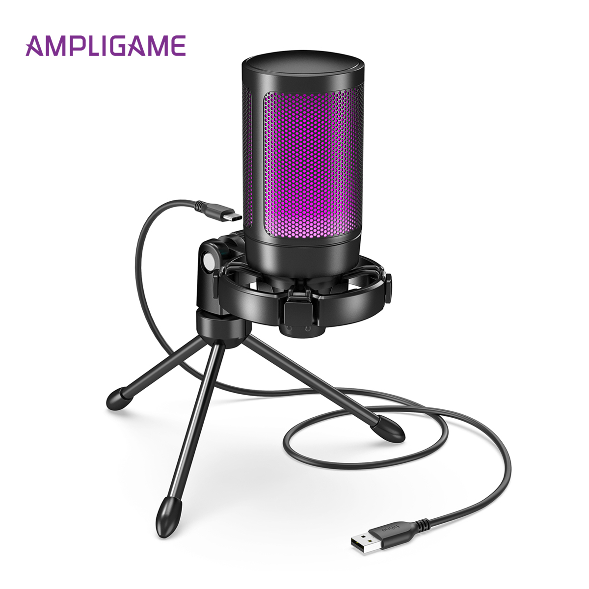 AmpliGame by FIFINE RGB USB ゲーミングマイク、ライトタッチミュート付き、コンデンサーマイク、三脚付き PC、PS4/5、ラップトップストリーミング-A2