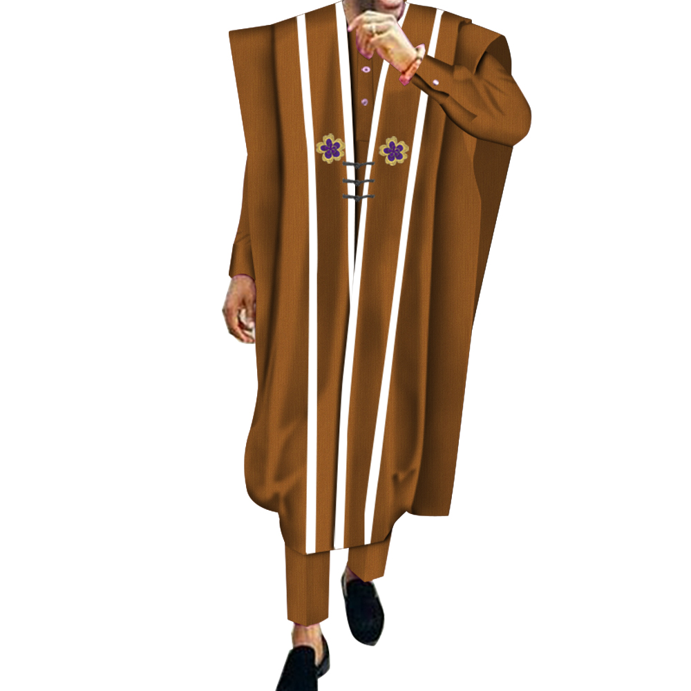 アフリカ男性のパッチワークプリントナイジェリアスリーピース長袖ローブシャツとズボンスーツアラブ服 Wyn572
