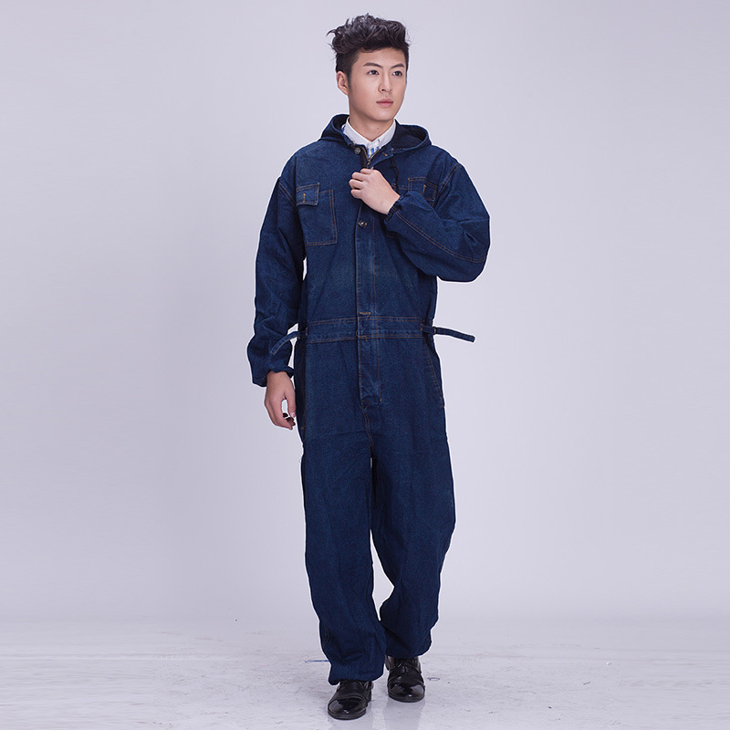 ワンピースデニムオーバーオール フード付き保護防塵服 耐摩耗性溶接熱傷防止労働保険服