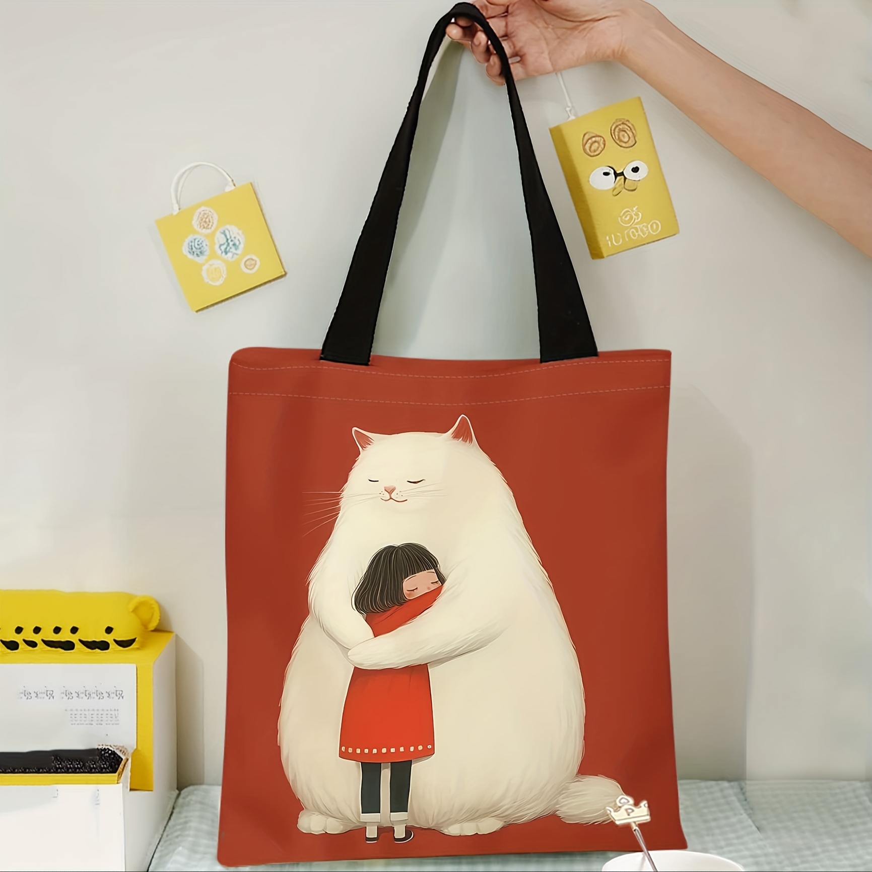 大きな猫と小さな柄プリント、カジュアルトートバッグ、再利用可能なファッション多機能トートビーチバッグプリントショッピングトートバッグ
