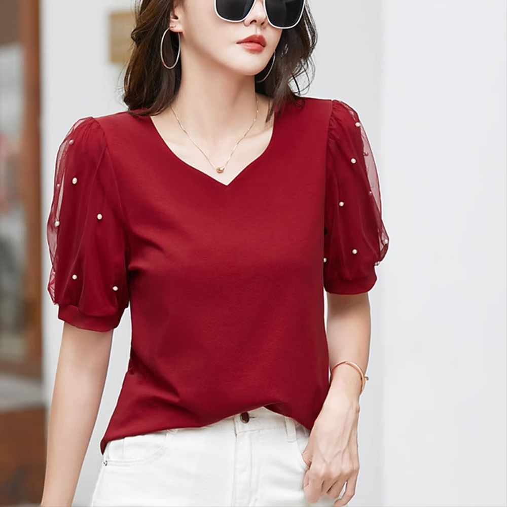 ヨーロッパステーション半袖 Tシャツ女性の夏の新ファッションライト高級ピュアコットンルーズ V ネックカジュアルトップ