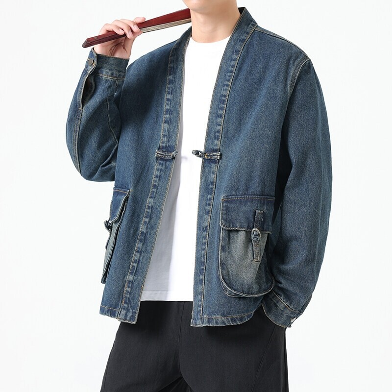 2025 ファッション男性デニムジャケット綿着物羽織日本ポケットカーディガンコートヴィンテージ伝統的なジャケットヒップホップルーズ生き抜く