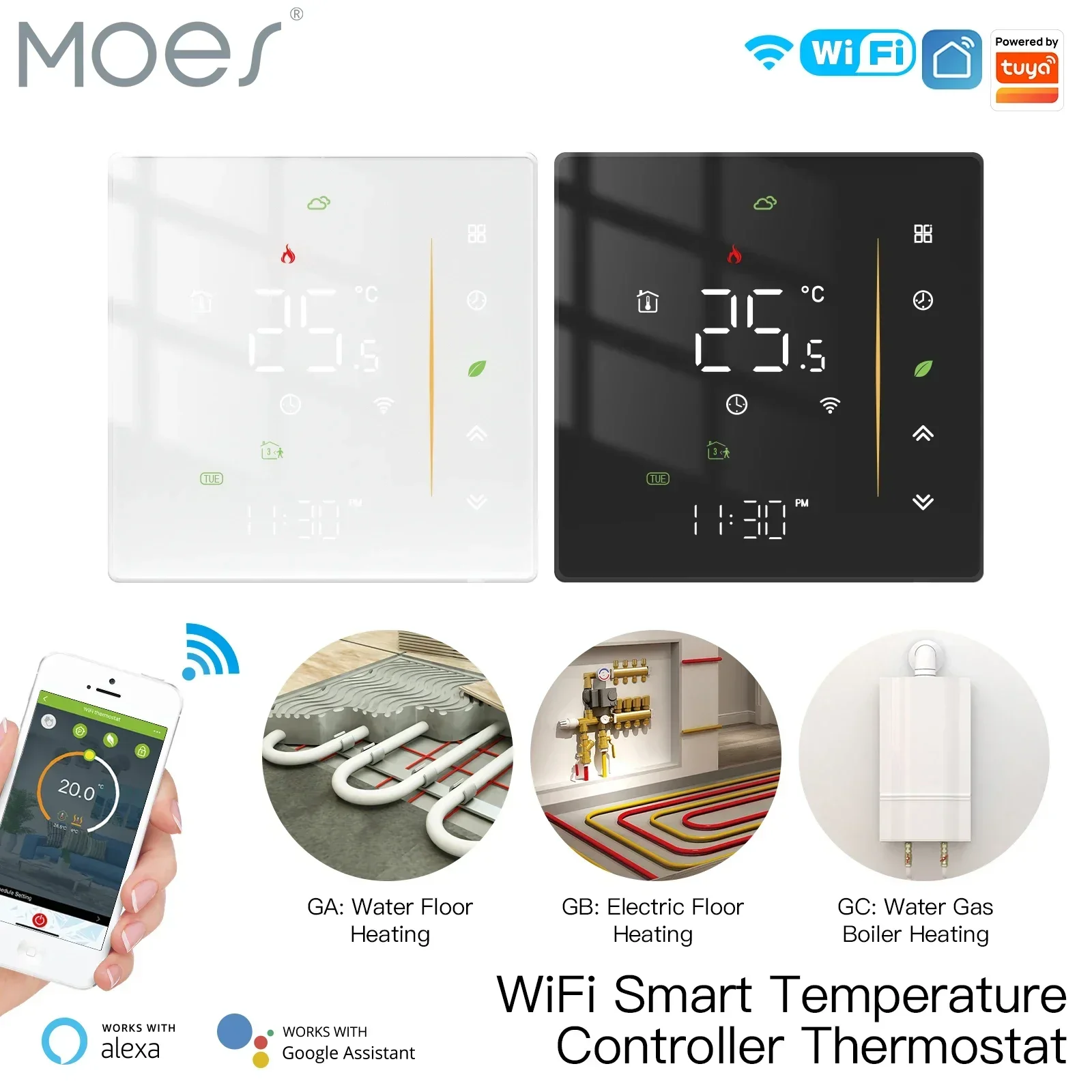 MOES サーモスタット WiFi ワイヤレス室温コントローラー水/電気床暖房ガスボイラー湿度 Tuya Alexa Google