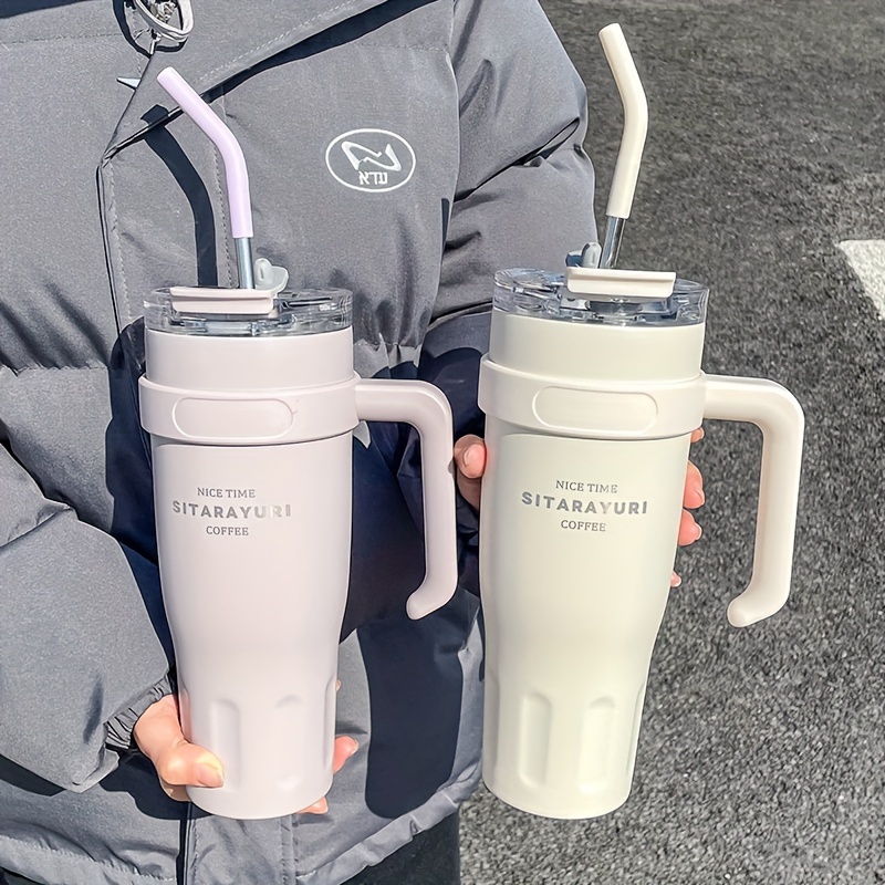1pc 1140ML ミニマリストステンレススチールタンブラー、ハンドル付きデュアルドリンク蓋、車のオフィスにポータブル