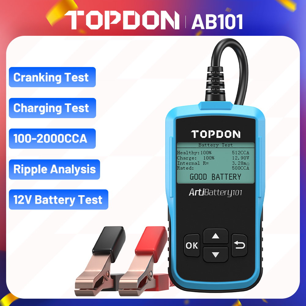TOPDON AB101 車バッテリーテスター 6 V/12 V バッテリーテスト自動充電器アナライザー 2000CCA 車クランキング充電回路テスター