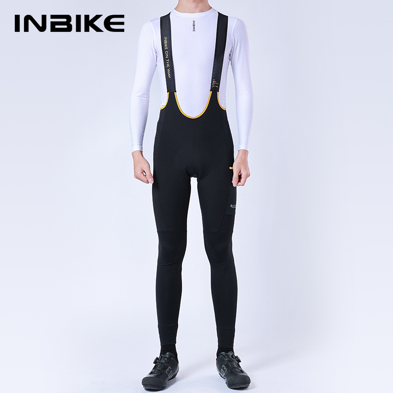 INBIKE 冬​​のメンズサイクリングよだれかけパンツパッドプロフリースストラップズボンバイク乗馬パンツ男ロードバイクマウンテンタイツ